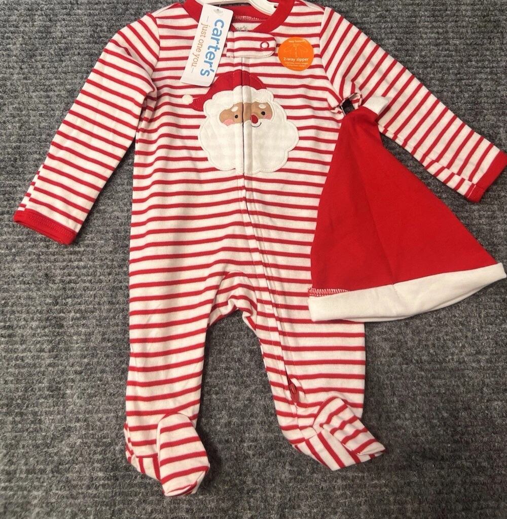 Carter's 9M Red/White Cotton Footed Santa One-Piece Sleeper 2-Way Zip